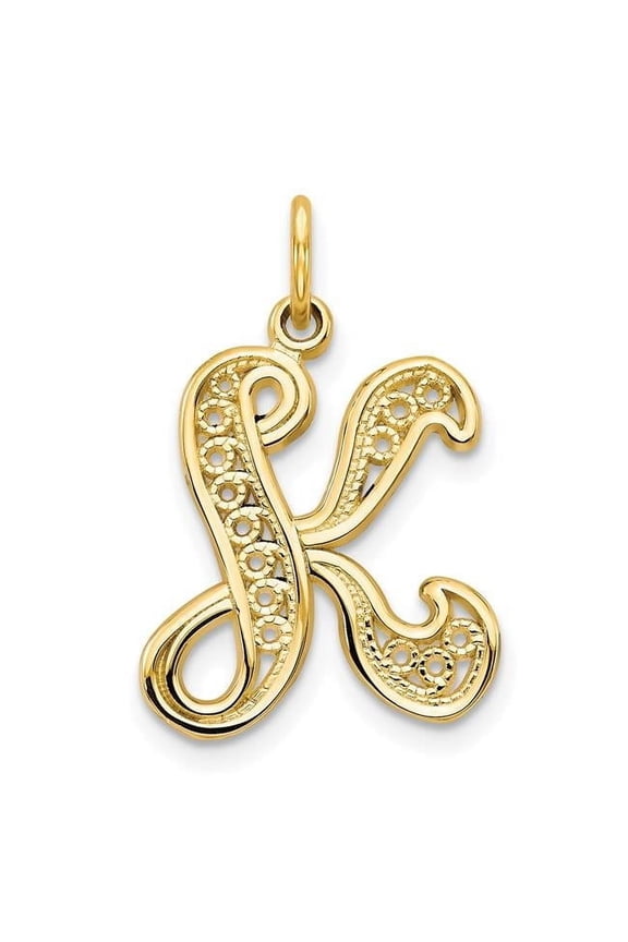 14K Yellow Gold Polished Script Filigree Letter K Initial Pendant
