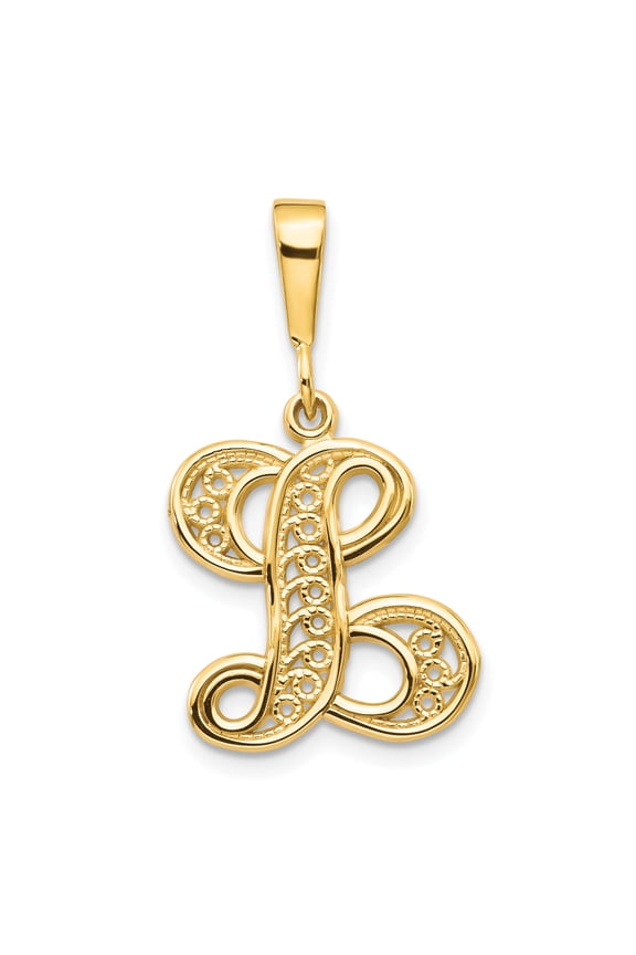 14KY Polished Script Filigree Letter L Initial Pendant