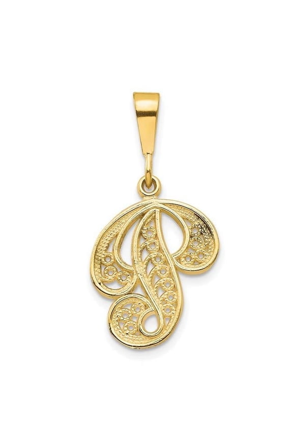 14K Yellow Gold Polished Script Filigree Letter P Initial Pendant