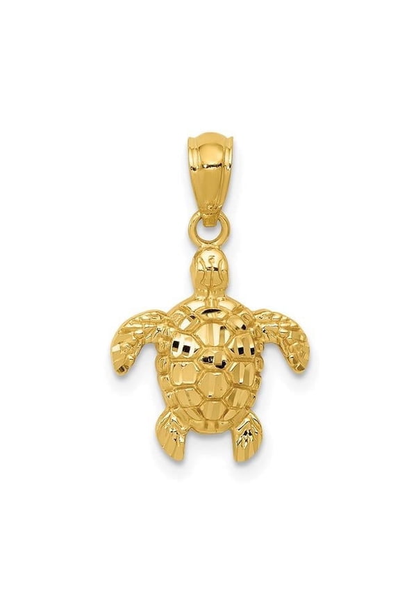 14K Yellow Gold Polished Textured Diamond-Cut Turtle Pendant