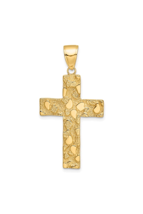 14k Yellow Gold Solid Polished and Textured Nugget Block Style Religious Faith Cross Pendant Necklace 41.75x21.6mm Wide