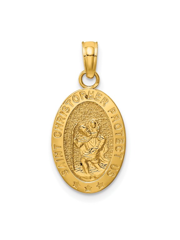 14k Yellow Gold Textured Polished Saint Christopher Medal Pendant Necklace 22x11mm Wide Pendant for Women