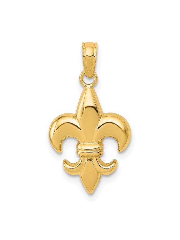 14k Yellow Gold Solid Polished Finish Concave Shape Small Size Fleur-De-Lis Design Charm Pendant