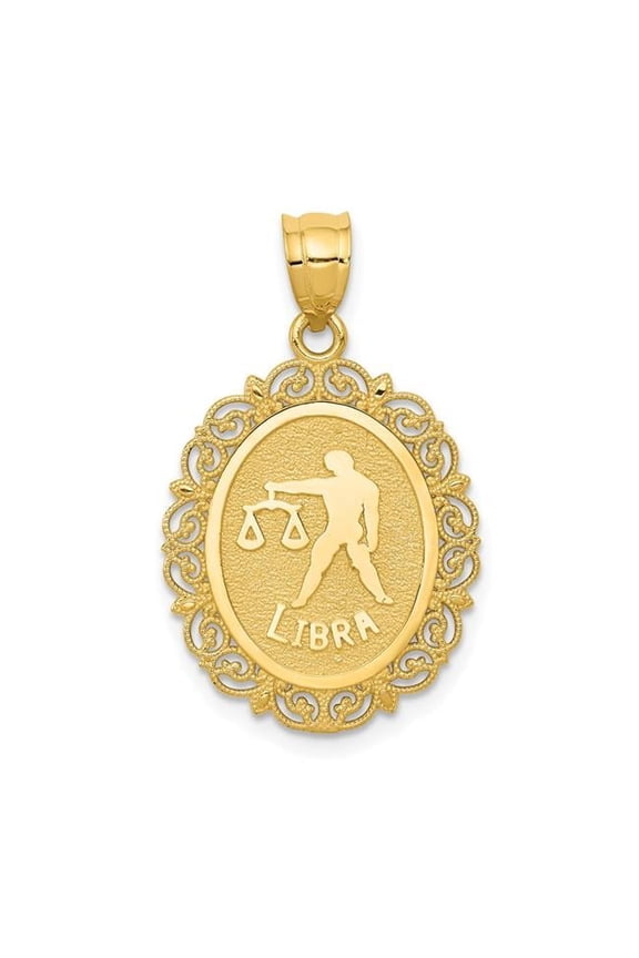 14K Yellow Gold Solid Satin Polished Libra Zodiac Oval Pendant