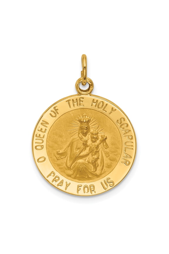 Finest Gold 14K Yellow Gold Solid Small Queen of Holy Scapular Reversible Medal Pendant