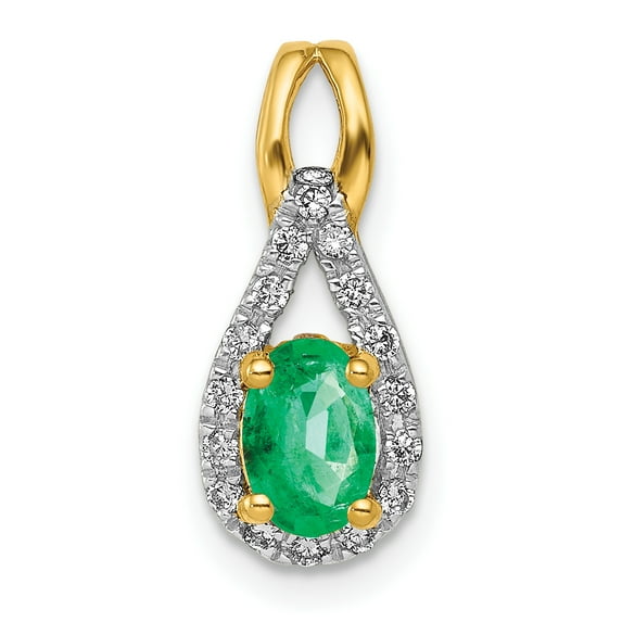 Finest Gold 14K Yellow Gold Teardrop Diamond & Oval Emerald Pendant