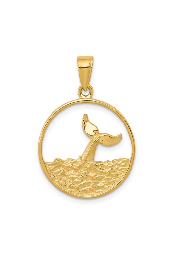 14k Whale Tail in Circle with Waves Pendant