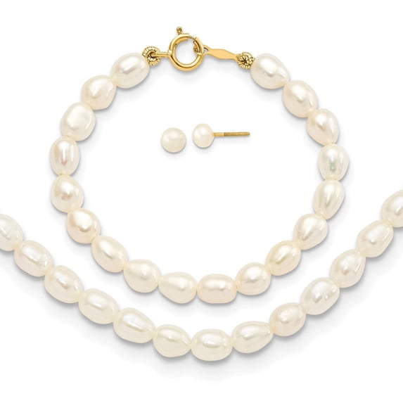 14k 3-5mm Semi-Round White Freshwater Cultured Pearl 12 inch Necklace, 4 inch Bracelet and Post Earrings Set XF401SET