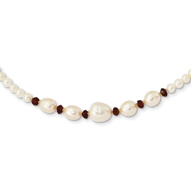 Finest Gold 14K Yellow Gold White Freshwater Cultured Pearl Faceted 4 Garnet Bead 18 in. Necklace