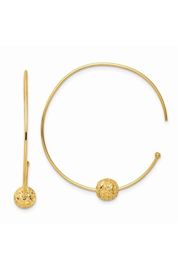 14K Yellow Gold Wire Hoops Diamond-Cut Bead Earrings