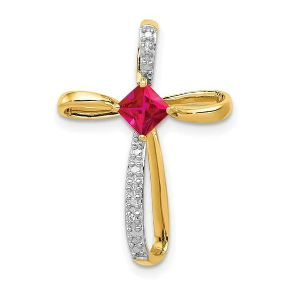 Finest Gold 14K Yellow & Rhodium Lab Created Ruby & Diamond Cross Slide