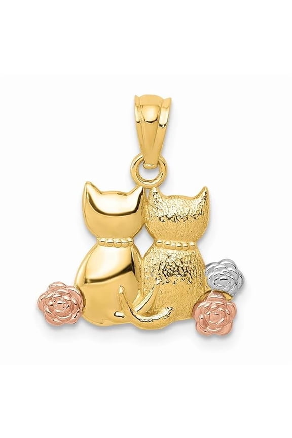 14k Yellow Rose Gold White Rhodium Textured Polished Finish Two Cats Sitting Charm Pendant