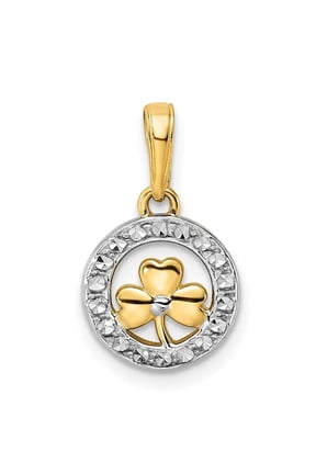 14k Yellow Gold White Rhodium Open Back Solid Diamond Cut 3-Leaf Clover in Circle Design Charm Pendant