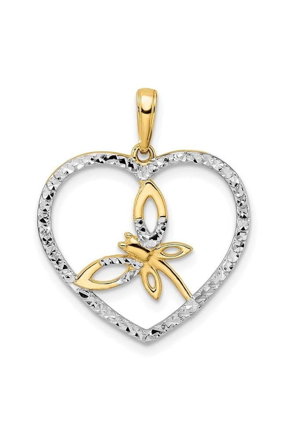 14K Yellow & Rhodium White Diamond-Cut Dragonfly in Heart Pendant