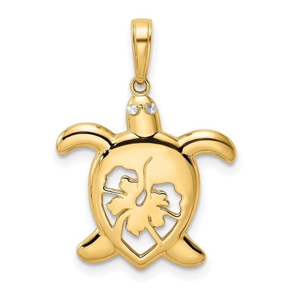 Finest Gold 14K Yellow & Rhodium White Diamond-Cut Floral Turtle Pendant