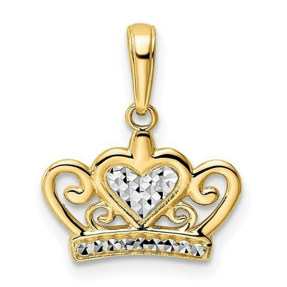 Finest Gold 14K Yellow & Rhodium White Diamond-Cut Heart Crown Pendant