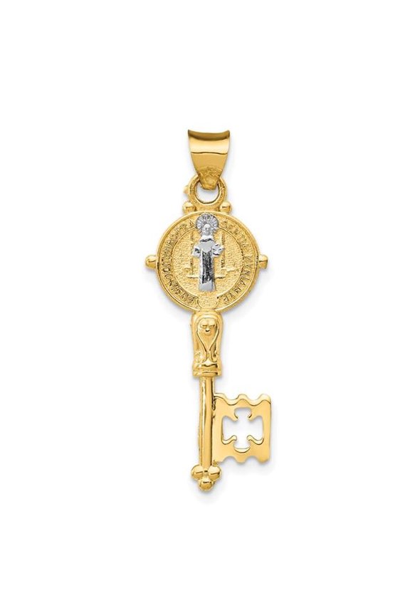 14k with White Rhodium Solid St. Benedict 2-Sided Cross Key Pendant K5532