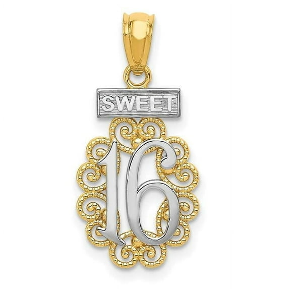Finest Gold 14K Yellow & Rhodium with Sweet 16 & Filigree Pendant