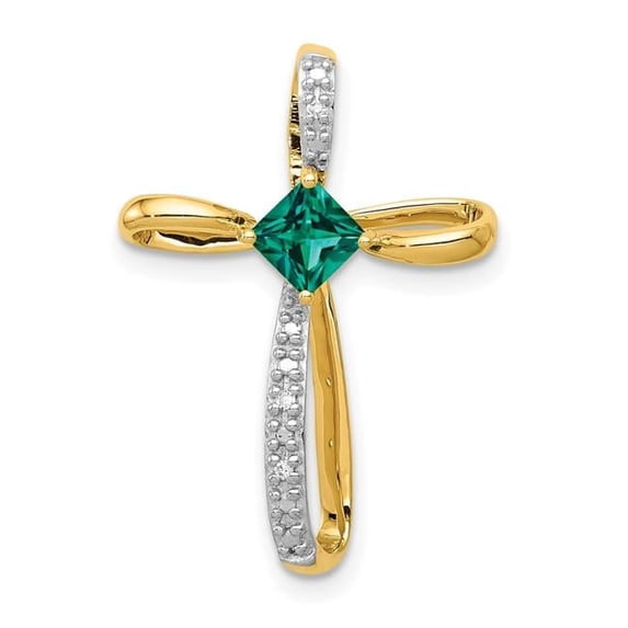 Finest Gold 14K with Rhodium Lab Created Emerald & Diamond Cross Slide Pendant