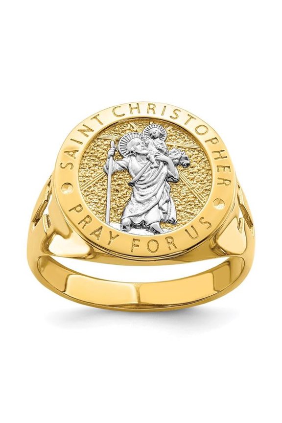 14K with Rhodium Saint Christopher Ring, Size 10
