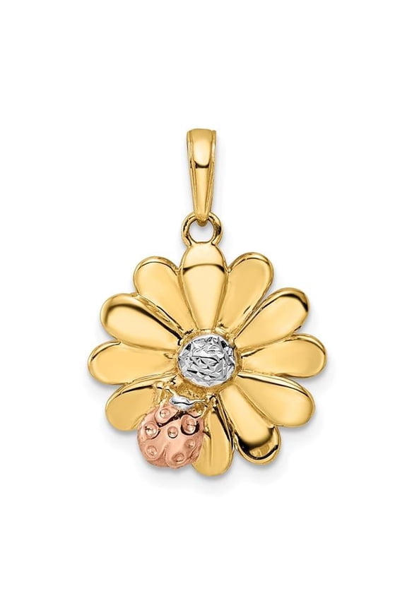 14K with White & Rose Rhodium Diamond-cut Ladybug on Flower Pendant