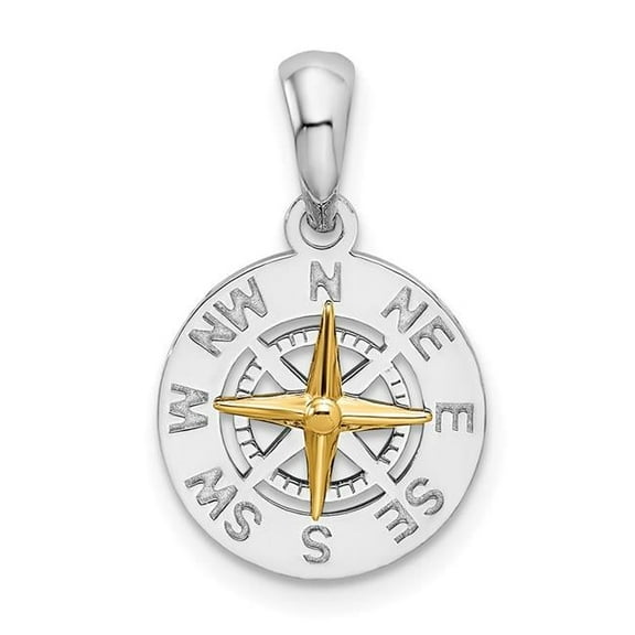 Finest Gold 19.69 mm Sterling Silver Polished Mini Compass with 14K Needle Pendant, Two-Tone