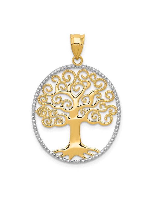 14k Yellow Gold and White Rhodium Filigree Tree of Life Pendant
