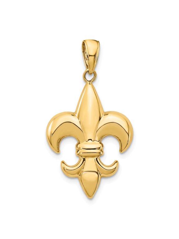 14k Yellow Gold Solid Polished Finish Concave Shape Medium Size Fleur-De-Lis Design Charm Pendant
