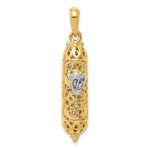 Finest Gold 35 mm 14K with White Rhodium 3D Mezuzah & Shin Charm Pendant, Two Tone