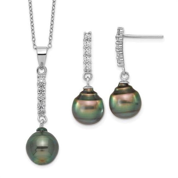 Sterling Silver Rhodium-plated 9-10mm Black Teardrop Tahitian Saltwater Cultured Pearl and CZ 17 inch Necklace and Post Dangle Earrings Set