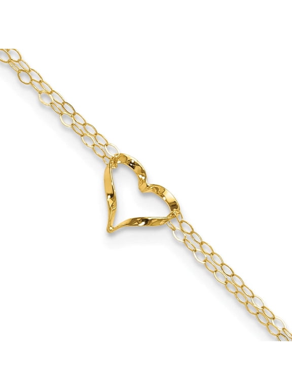 Finest Gold Double Strand Heart 14K Yellow Gold Anklet, 9 Inches, Adjustable