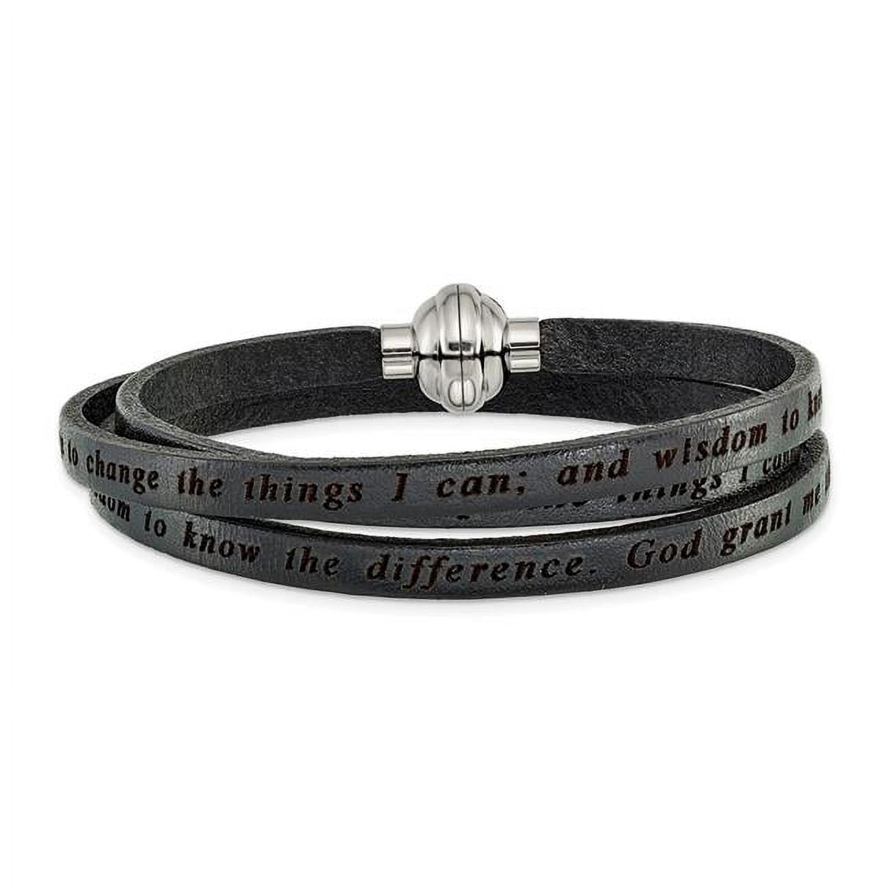 Stainless Steel Lord's Prayer Black Leather Wrap 21 Inch Bracelet