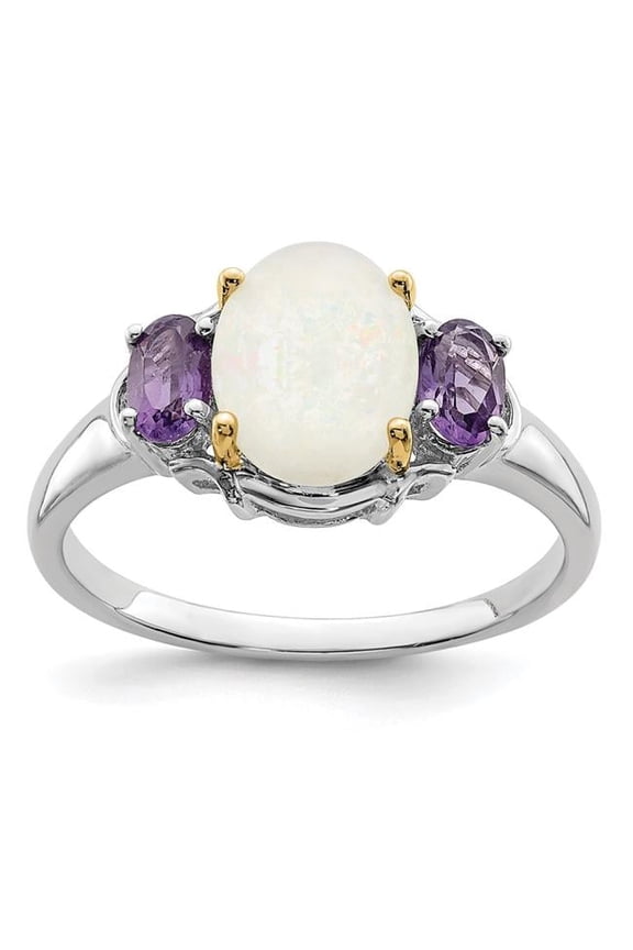 Sterling Silver & 14K Accent Opal & Amethyst Ring - Size 7