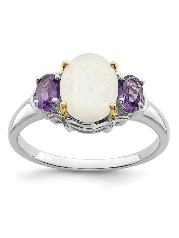 Sterling Silver & 14K Accent Opal & Amethyst Ring - Size 8