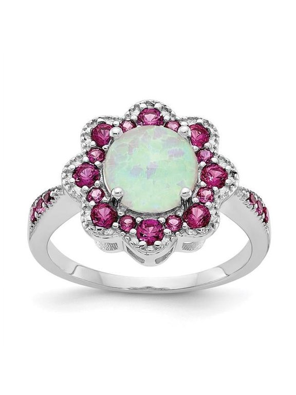 Sterling Silver Cheryl M Rhodium-Plated Crystal Opal & Red Nano Crystal Flower Ring - Size 8