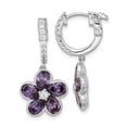 thumbnail image 1 of Finest Gold Sterling Silver Cheryl M Rhodium-Plated Purple & White CZ Flower Hoop Dangle Earrings, 1 of 4