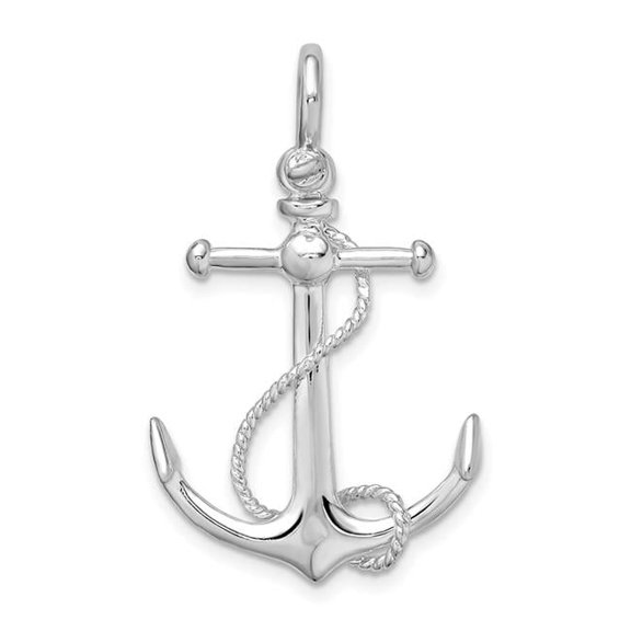 Finest Gold Sterling Silver Polished 3D Anchor with Rope Pendant