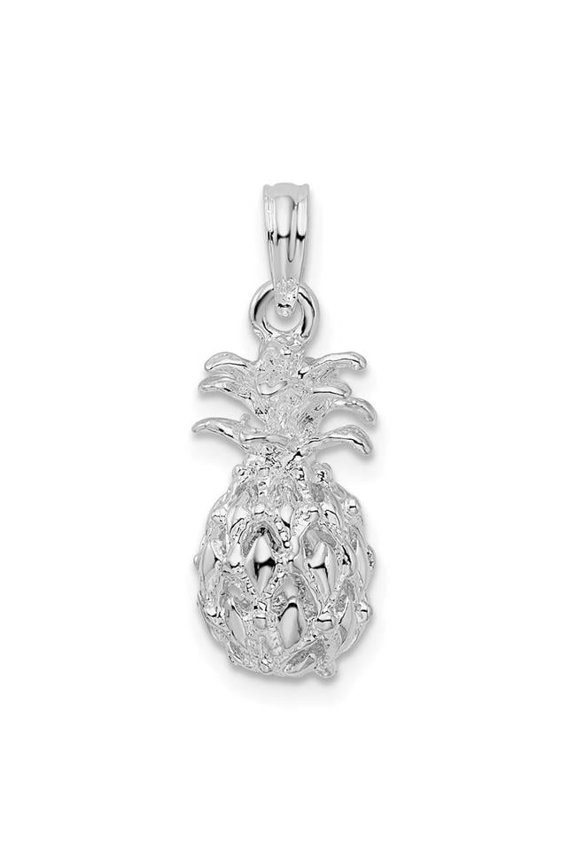 Sterling Silver Polished 3D Cut-Out Pineapple Pendant, White - Small