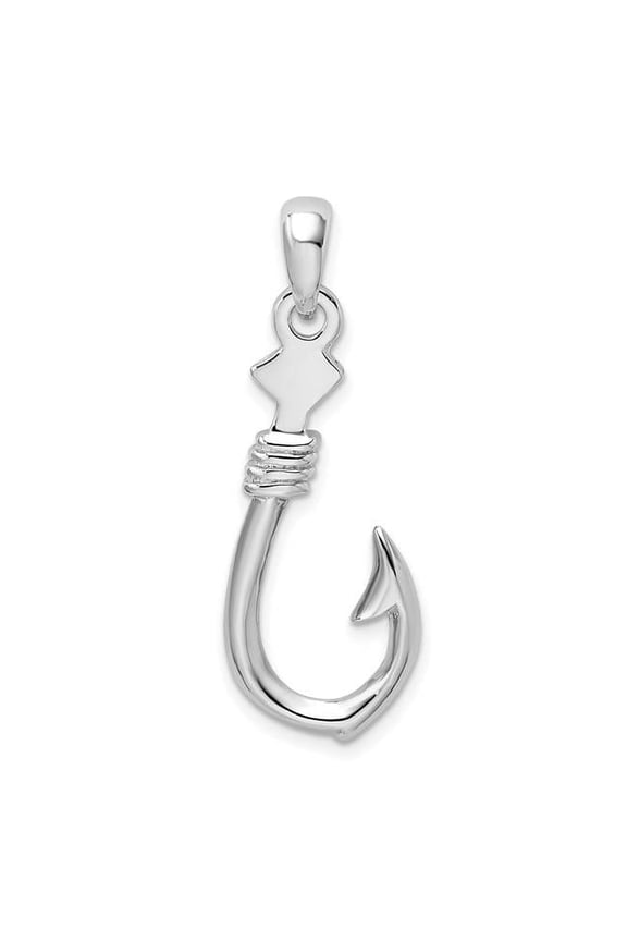 Sterling Silver Polished 3D Large Fish Hook & Rope Pendant