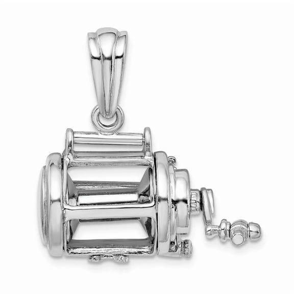 Finest Gold Sterling Silver Polished 3D Moveable Fishing Reel Pendant