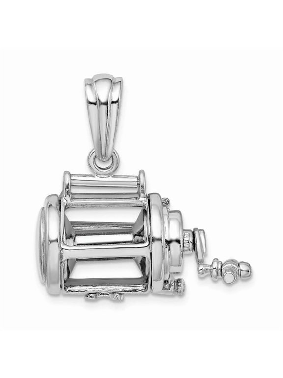 De-Ani Sterling Silver Rhodium-Plated Polished 3D Moveable Fishing Reel Pendant