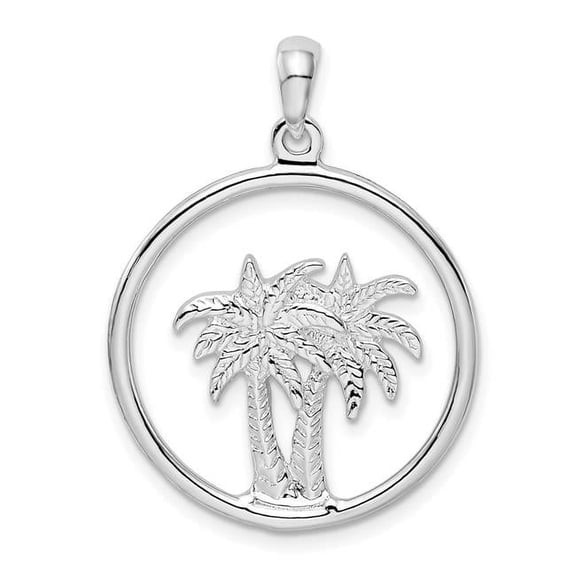 Finest Gold Sterling Silver Polished Double Palm Tree Circle Pendant