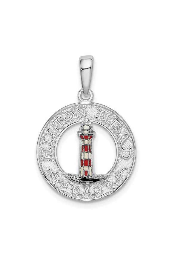 Sterling Silver Polished Enamel Hilton Head with Lighthouse Pendant