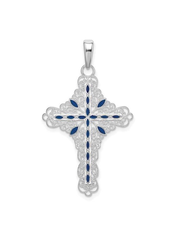 Sterling Silver Polished Enameled Fancy Filigree Cross Pendant