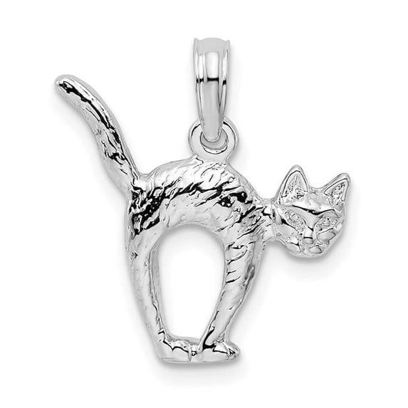 Finest Gold Sterling Silver Polished Textured 3D Cat with Arched Back Pendant