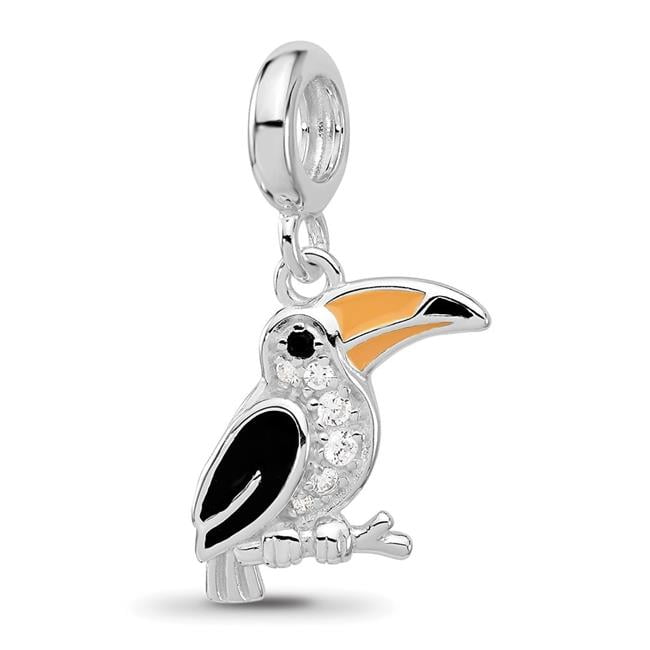 Finest Gold Sterling Silver Reflections Rhodium-Plated Enamel & CZ Toucan Dangle Bead