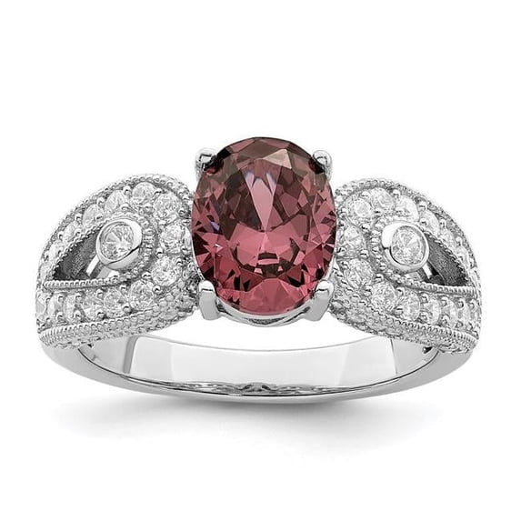 Finest Gold Sterling Silver Rhodium-Plated Smoky Pink & White CZ Ring - Size 6