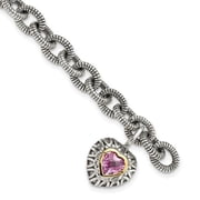 Finest Gold Sterling Silver with 14K Created Pink Sapphire Heart Charm Bracelet