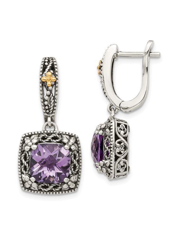 Shey Couture Sterling Silver with 14K Accent Antiqued Cushion Amethyst Hinged Hoop Dangle Earrings