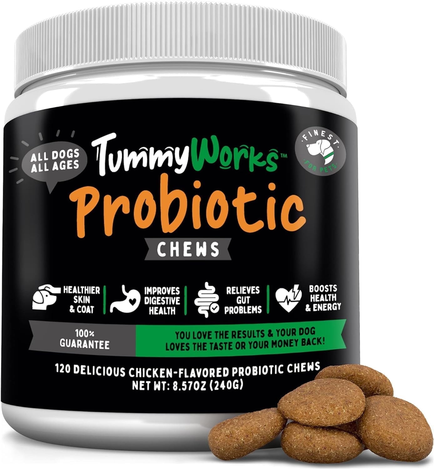 Finest For Pets TummyWorks Probiotic 120 Soft Chews for Dogs All Ages - Supports Digestive Health, Relieves Diarrhea, Constipation, Good for Itching, Allergies, Yeast Infections. Made in USA